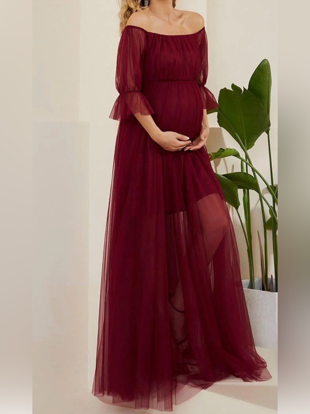 Ever CECIA Maternity Burgundy Sheer Off Shoulder Double Skirt Evening Dress 08